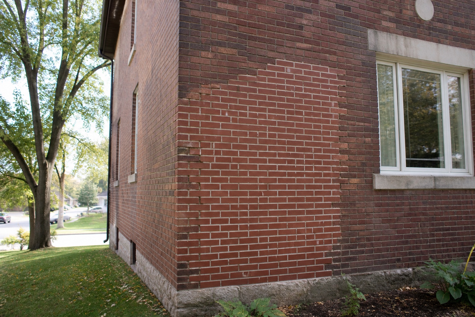 Corner of a brick home with a reconstructed wall section of matched replacement brick